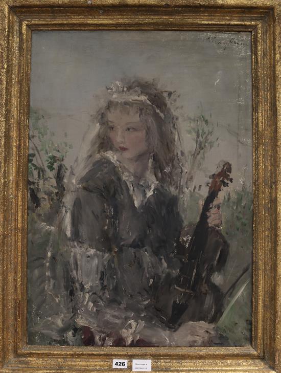 20th century English School, oil on canvas, Portrait of a girl holding a violin, indistinctly signed, 27 x 19ins